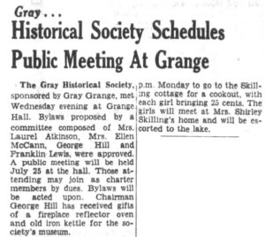 Portland Press Herald news article about the founding of Gray Historical Society; June 30, 1962, page 13