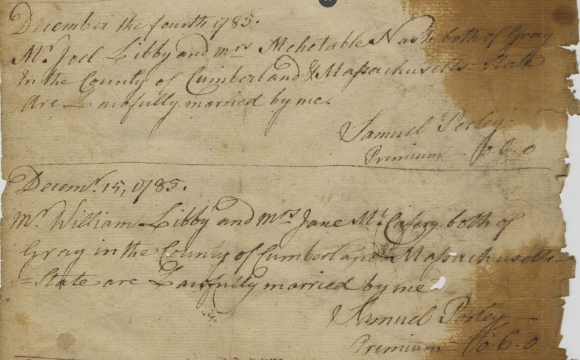 snippet from Samuel Perley's marriage ledger